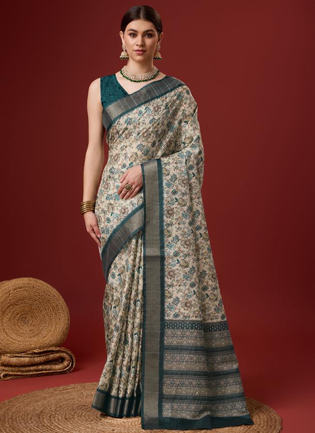 Cotton Pearl White Festival Wear Floral Print Saree